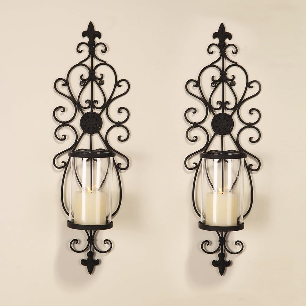Set of 2 Antique Dark Brown Iron and Glass Wall Candle Sconces R2466