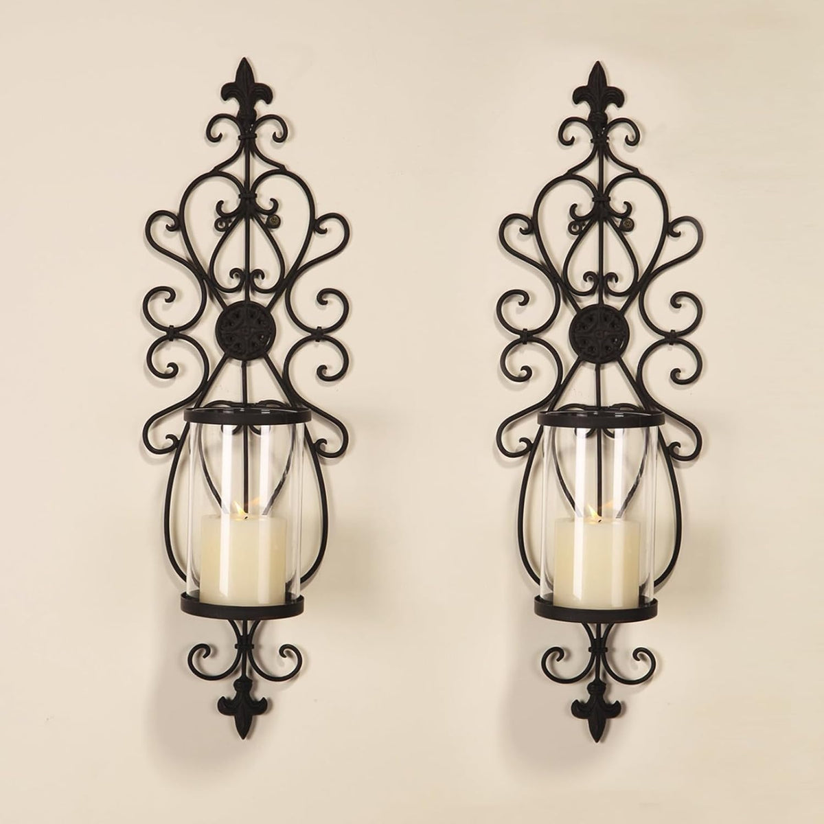Set of 2 Antique Dark Brown Iron and Glass Wall Candle Sconces R2466