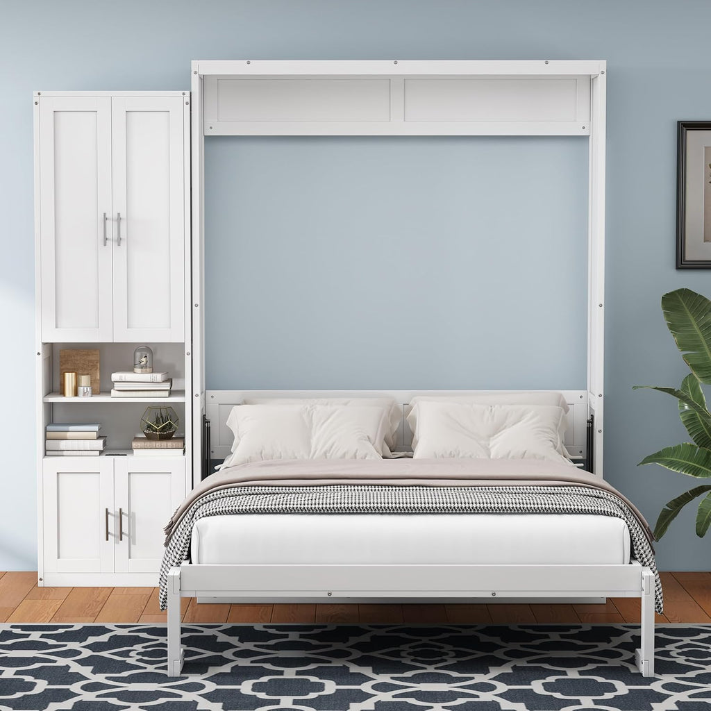 White Queen Size Solid Pine Murphy Bed with Desk and Storage Cabinet H528