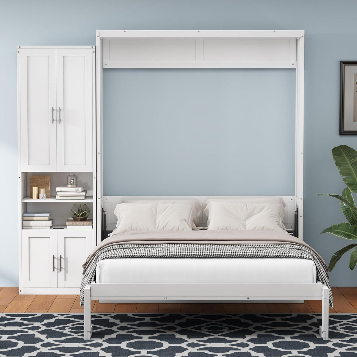 White Queen Size Solid Pine Murphy Bed with Desk and Storage Cabinet H528
