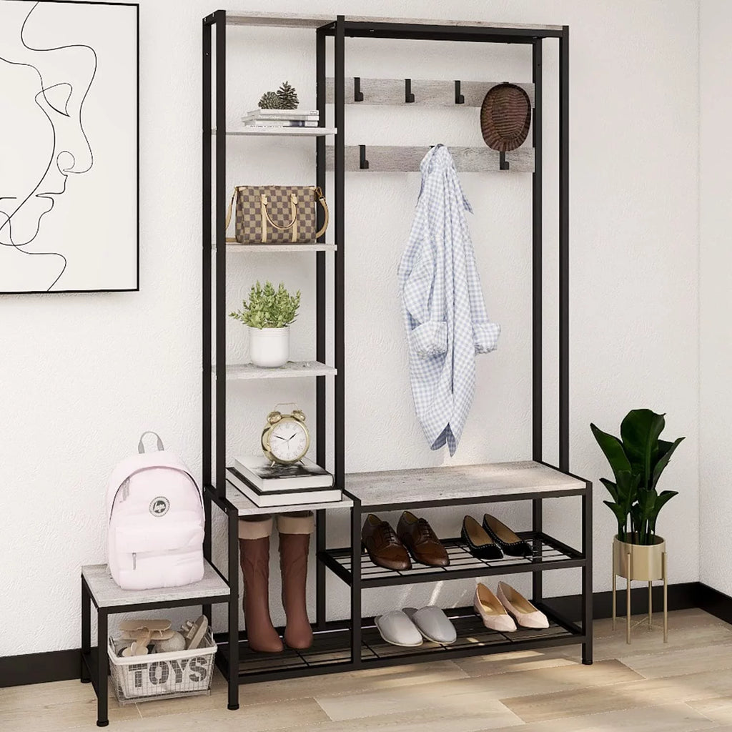 Hall Tree with Shoe Storage Bench, Coat Rack with 7 Hooks, 4 Tier Side Shelves S2982