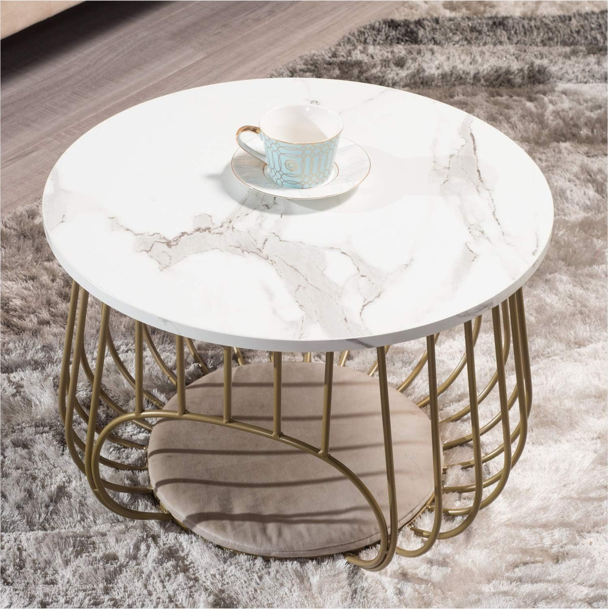 White Marble Texture Black Round Coffee Table with Storage T32336