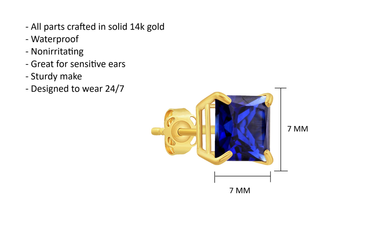 14k Yellow Gold Princess Cut Created Blue Sapphire Square Stud Earrings 7mm I937264