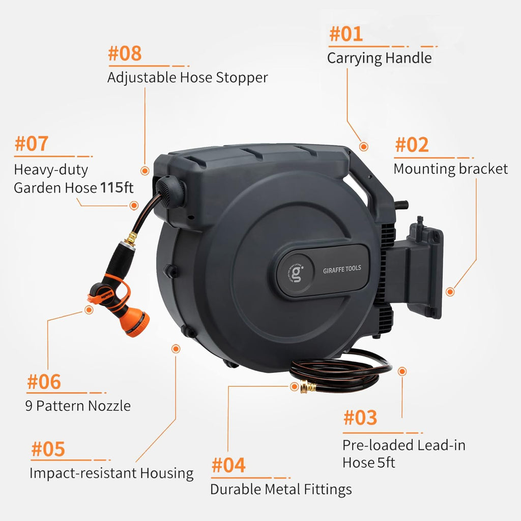 Retractable Wall Mounted Garden Hose Reel, 5/8" x 115+5 ft, Automatic Rewind K2436