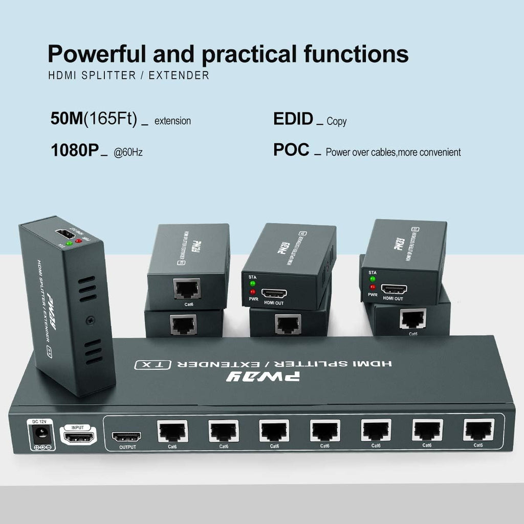 HDMI Extender Splitter 1x7 7 Port Over CAT5E/CAT6/CAT7 Ethernet Cable with HDMI Loop Out & POC Function & EDID Management, Up to 50m at 1080p 60Hz H617