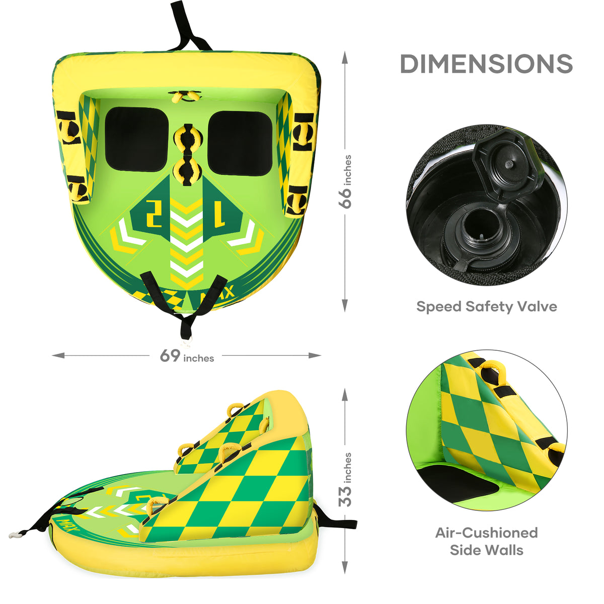 Green Inflatable Towable Tube with Foam Seats & Handles X710