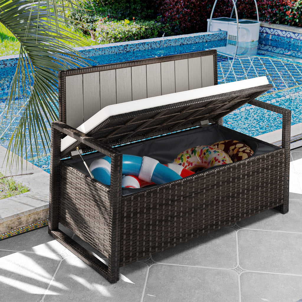 70 Gallon PE Rattan Storage Bench Deck Box with Cushions V1450