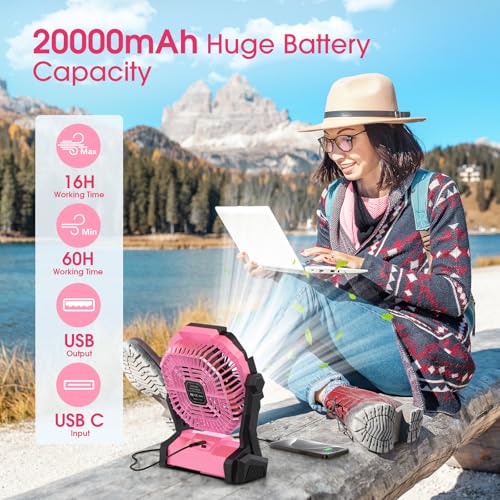 Portable Rechargeable Fan 20000mAh with LED Lantern Pink W190
