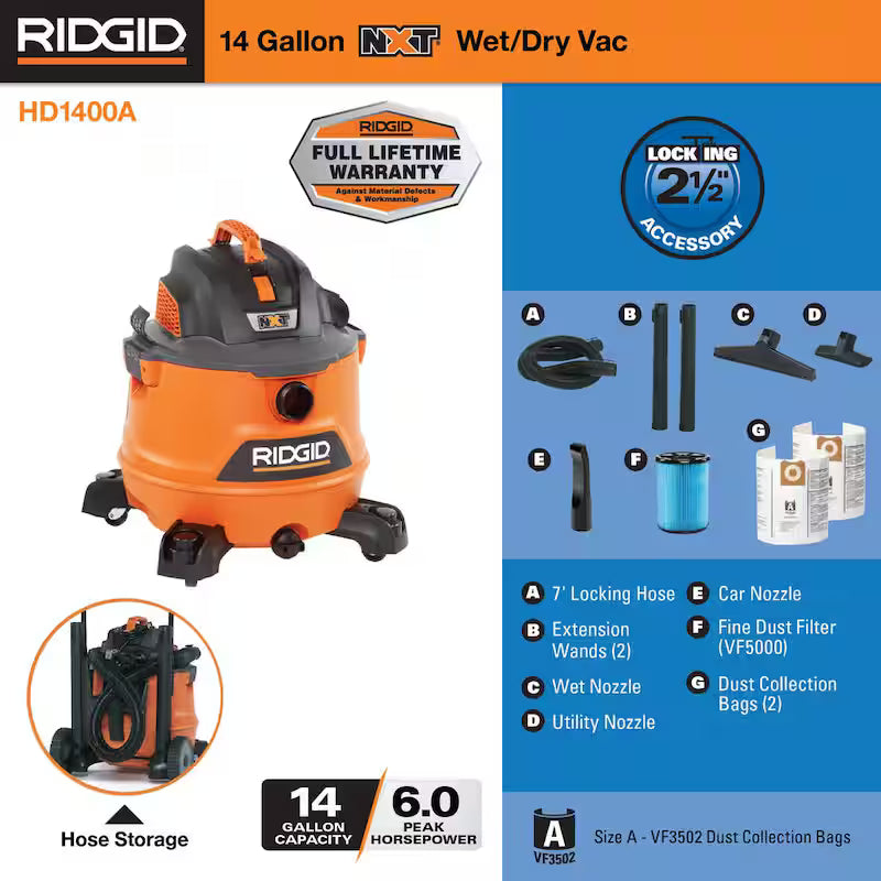 14 Gallon 6.0 Peak HP Wet/Dry Shop Vacuum with Filter and Hose S1609