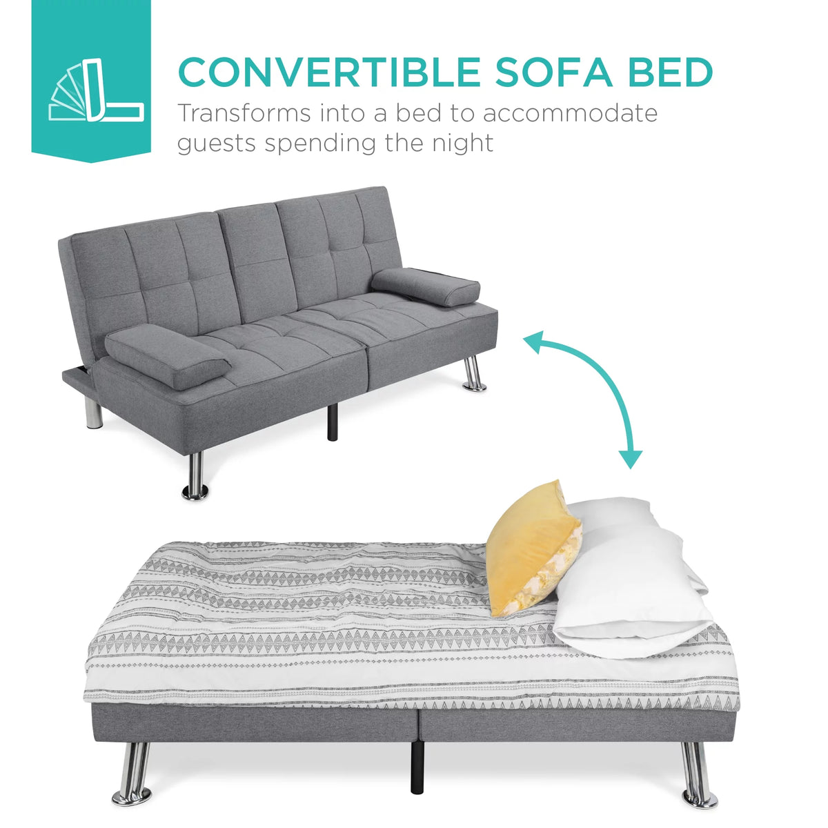 Gray Linen Convertible Futon Sofa Bed with Cupholders I65874