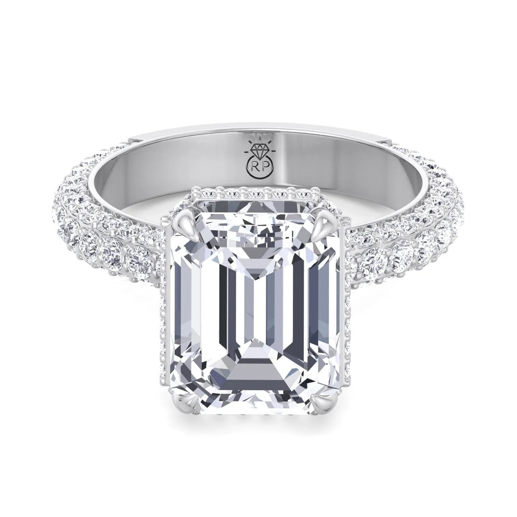 Moissanite Emerald Cut Lab Diamond Engagement Ring with Sidestones and Hidden Halo U136
