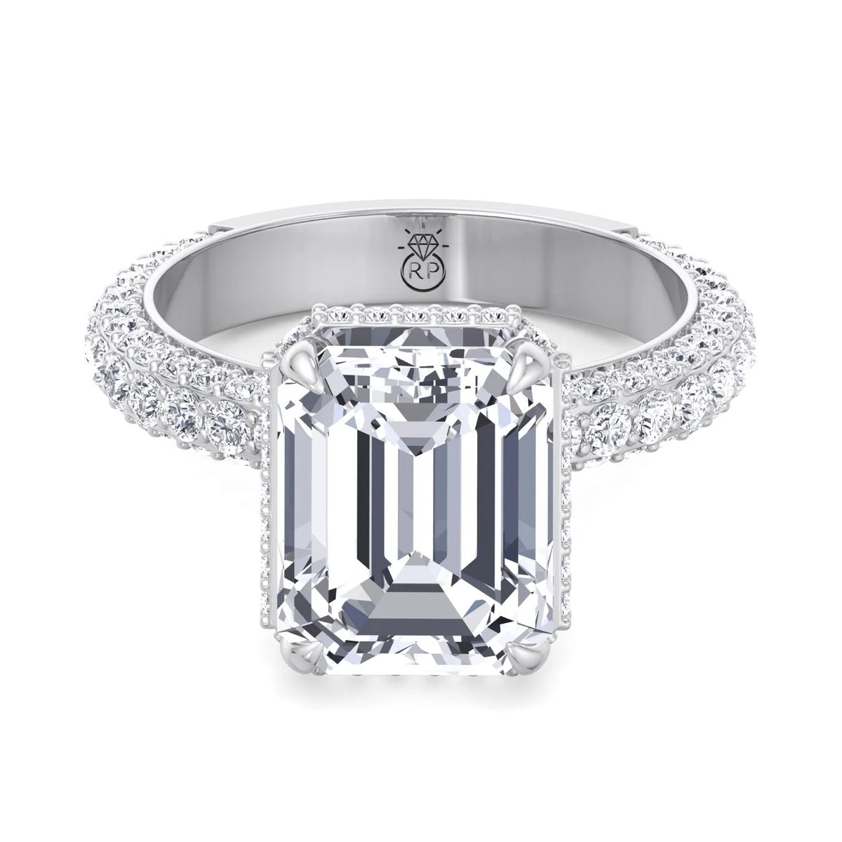Moissanite Emerald Cut Lab Diamond Engagement Ring with Sidestones and Hidden Halo U136