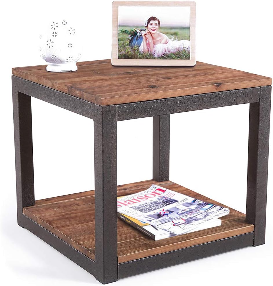 Vintage Industrial Side End Table with Storage Shelf, Reclaimed Wood, Rustic Brown Metal Frame T177