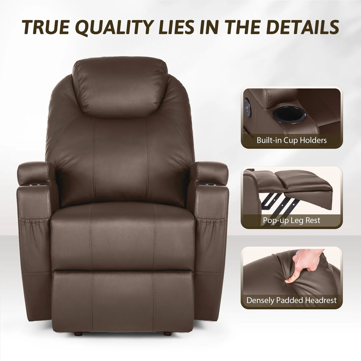 Brown Recliner Chair with Heated Massage Footrest Cup Holders USB Port I24399