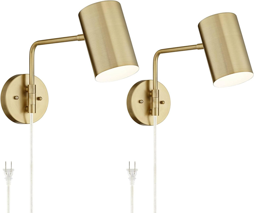 Swing Arm Wall Lamps Set of 2 Brushed Brass Metal Plug-in Light Fixture Cylinder Shade V17335