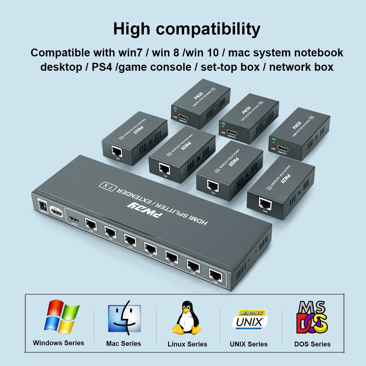 HDMI Extender Splitter 1x7 7 Port Over CAT5E/CAT6/CAT7 Ethernet Cable with HDMI Loop Out & POC Function & EDID Management, Up to 50m at 1080p 60Hz H617