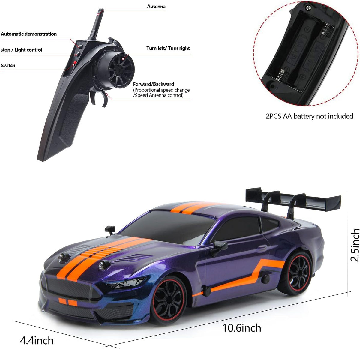 Remote Control Car RC Sport Racing Car 4WD RTR Vehicle with LED Lights, Two Batteries and Drift Tires + Racing Tires S124260