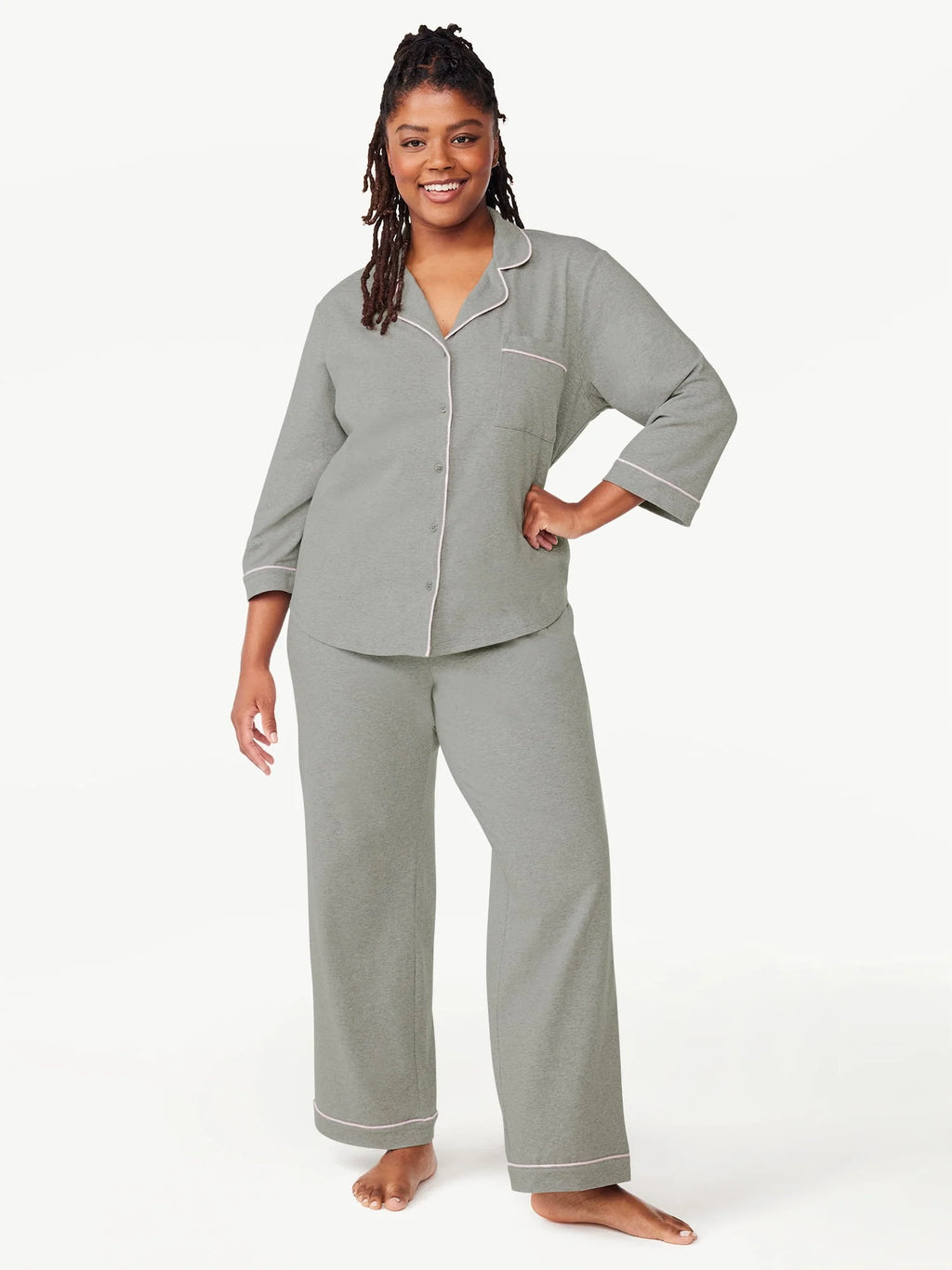 Women's Knit Notch Collar Top and Pants Pajama Set, 2-Piece F575085