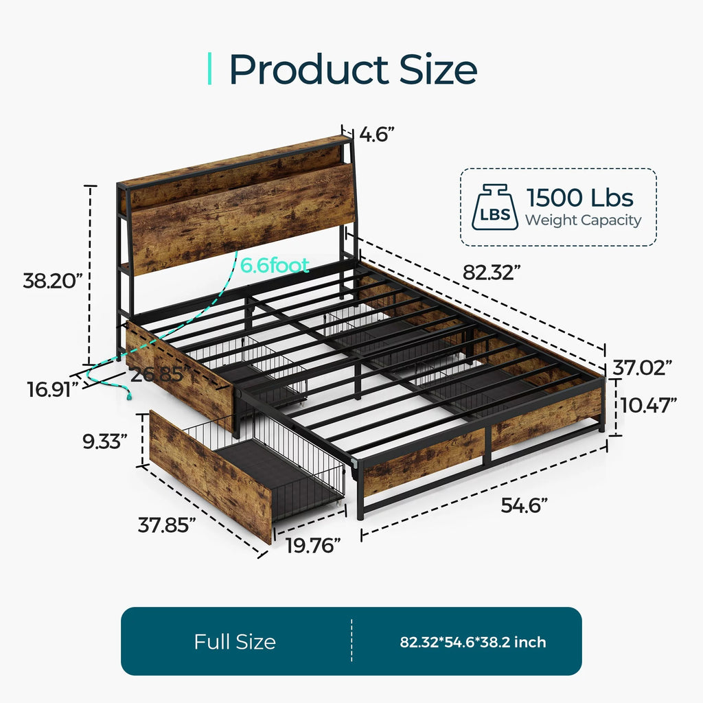 Full Size Platform Bed Frame with Storage Headboard and 4 Storage Drawers U469
