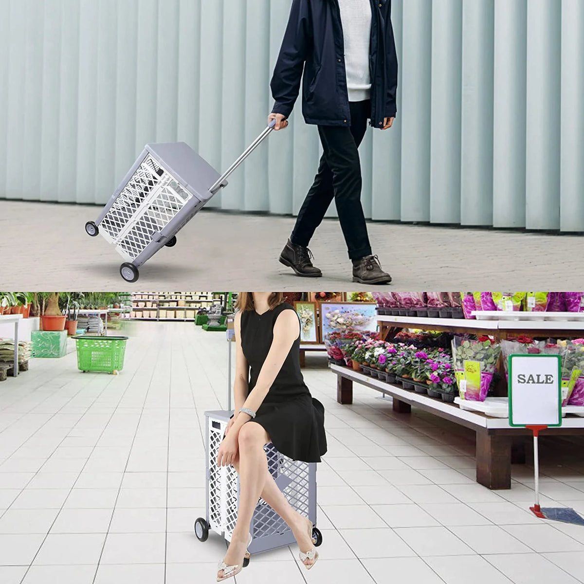 Foldable Rolling Crate with Lid Wheels, Gray S4848