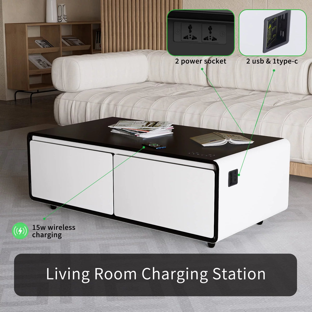 Smart Coffee Table with Fridge and Bluetooth Speaker M1418