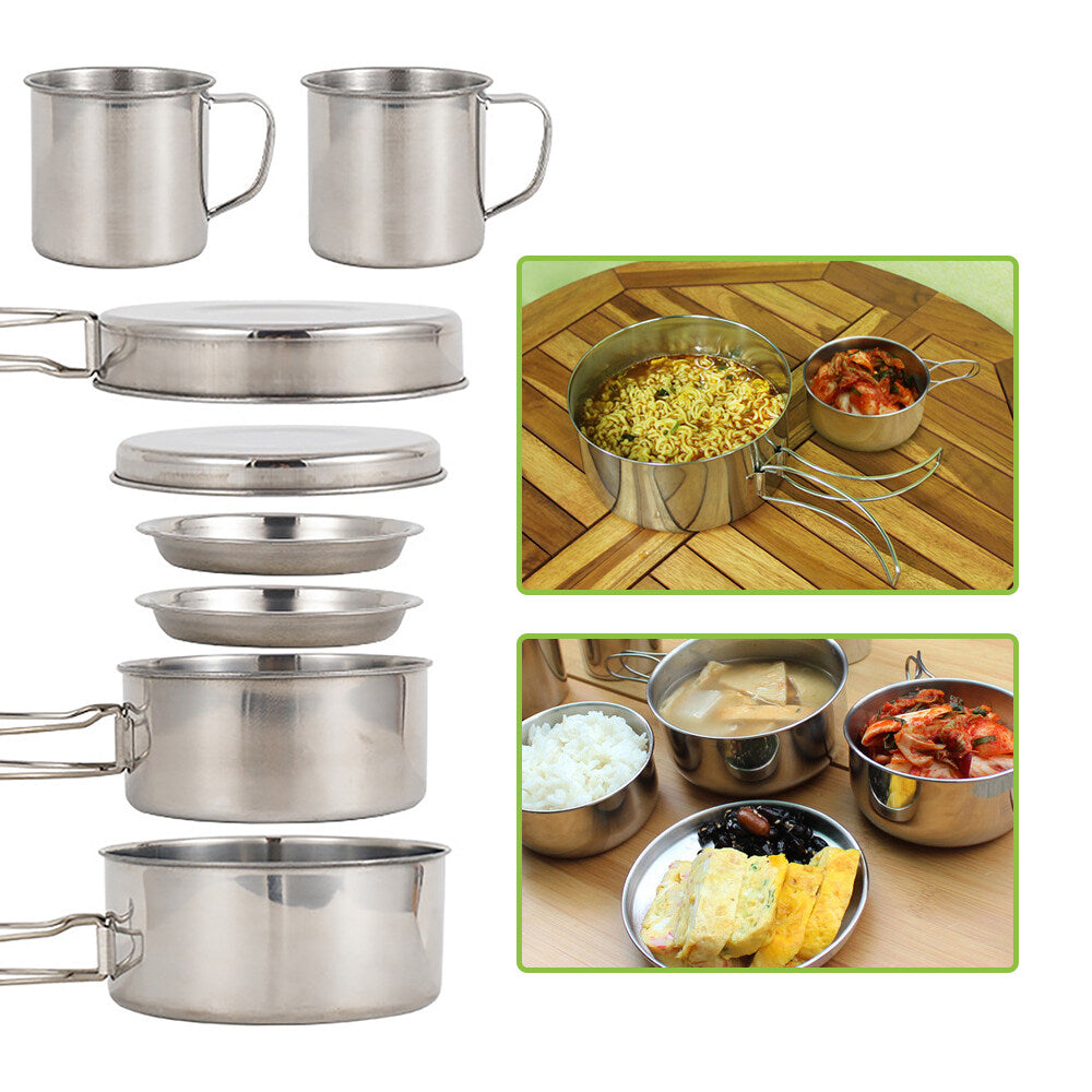 Stainless Steel Camping Cookware Mess Kit 8PCS with Plates Cups D507