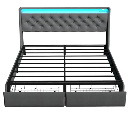 Queen Size Metal Platform Bed Frame with Storage Headboard and 4 Drawer E240
