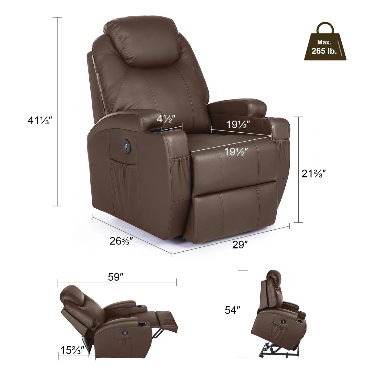 Brown Recliner Chair with Heated Massage Footrest Cup Holders USB Port I24399