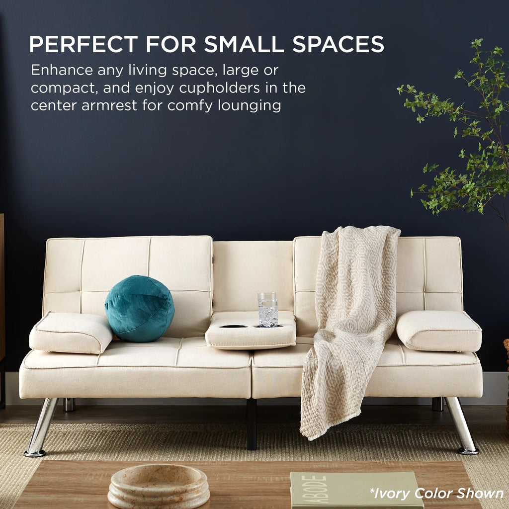 Gray Linen Convertible Futon Sofa Bed with Cupholders I65874