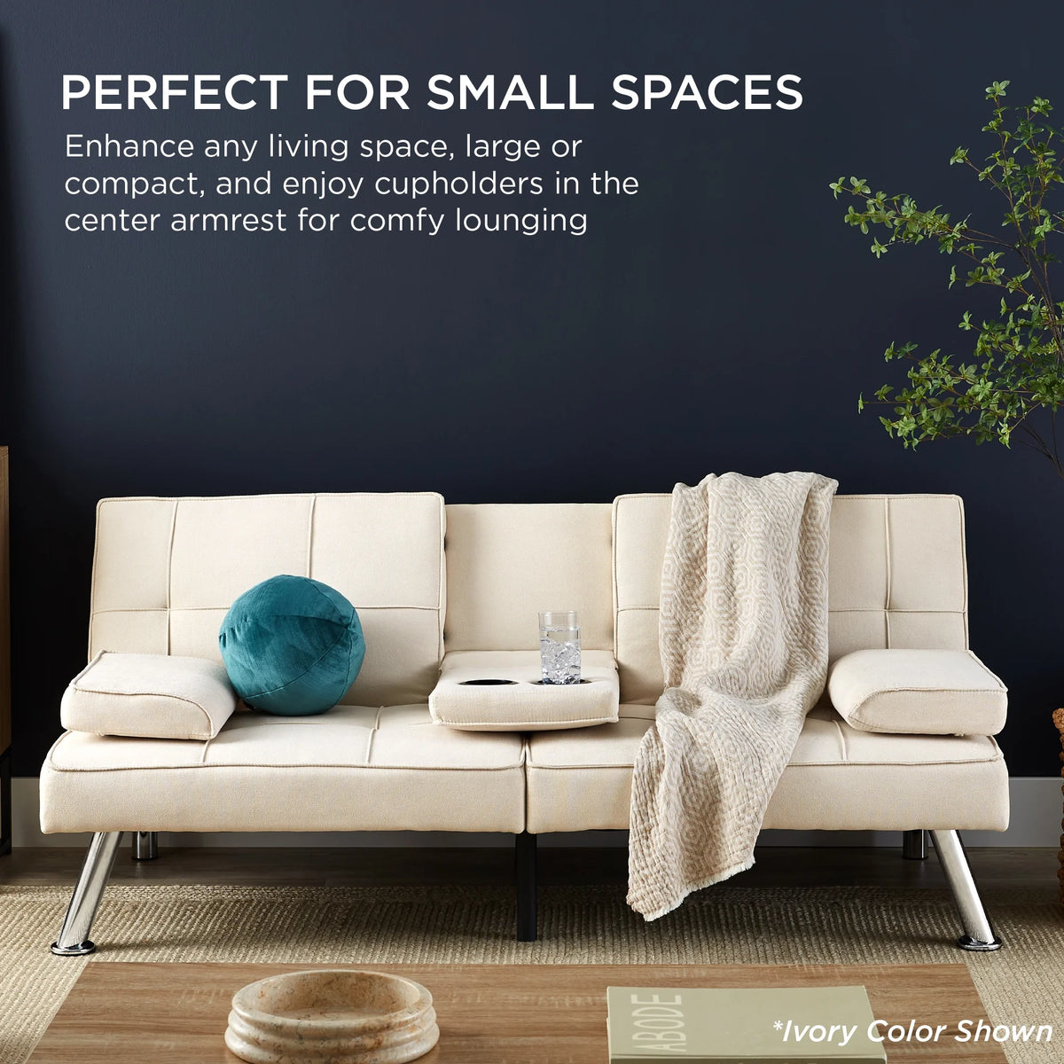 Gray Linen Convertible Futon Sofa Bed with Cupholders I65874