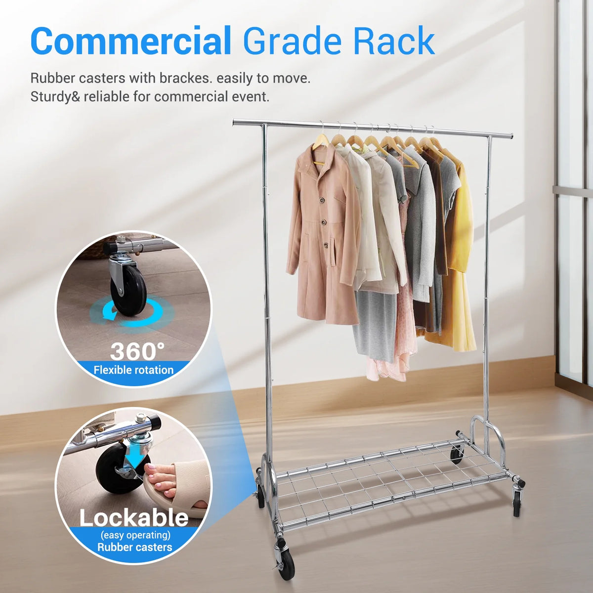 Heavy Duty Metal Clothes Rack with Wheels & Shelves B41245