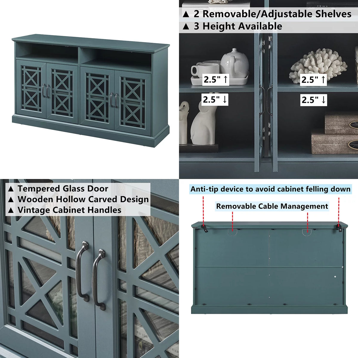 53 inch Wooden TV Console with Glass Door and Adjustable Shelves D432