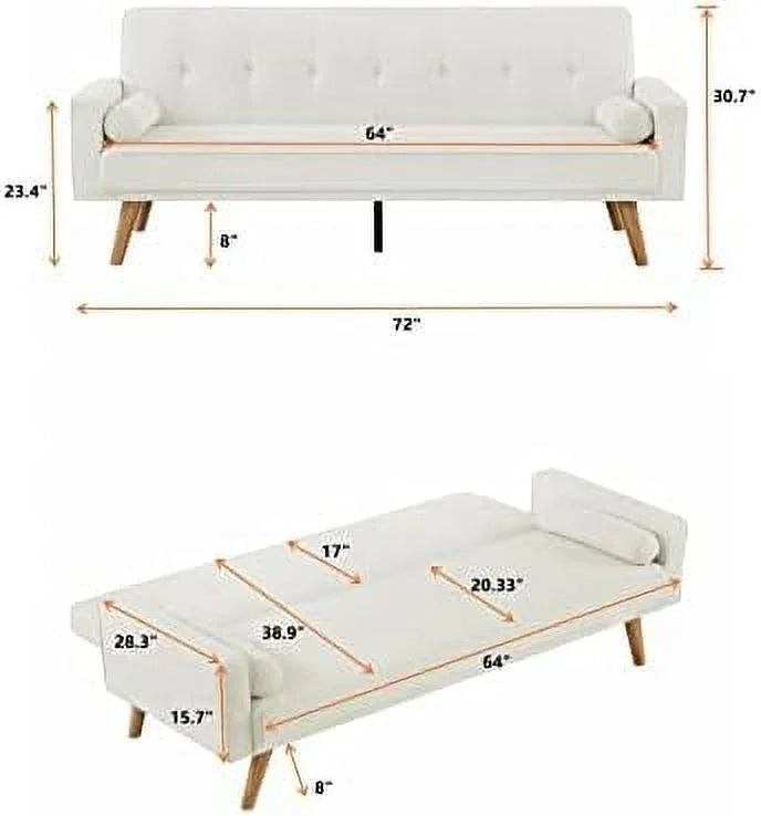 Modern Fabric Sofa Bed Futon Convertible Sleeper Loveseat with 2 Pillows and Armrests 75" Folding Recliner Couch Bed with Solid Wood Legs T84613
