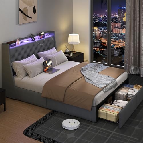 Queen Size Metal Platform Bed Frame with Storage Headboard and 4 Drawer E240