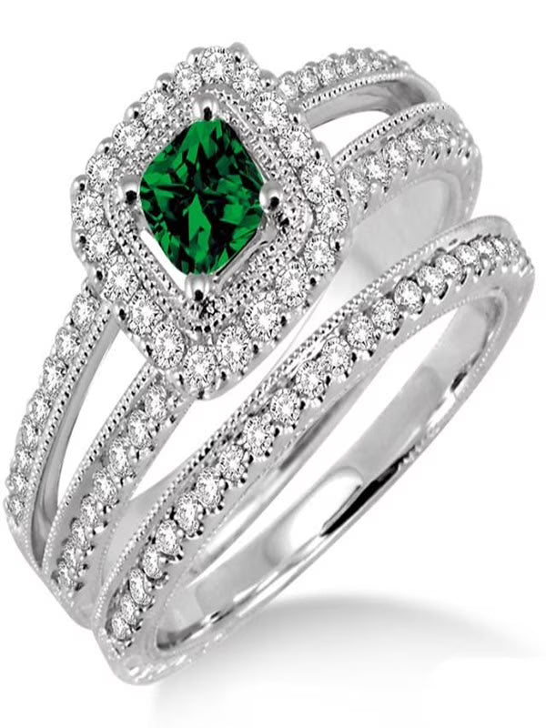 Emerald & Diamond Halo Bridal Ring on 10k White Gold L39109