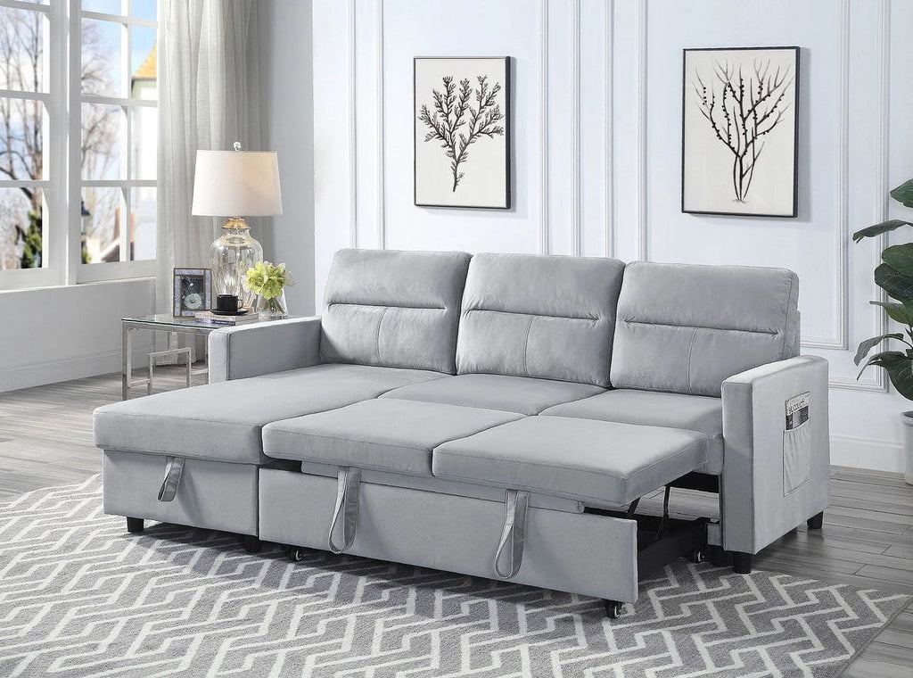 Light Gray Velvet Reversible Sleeper Sectional Sofa with Storage Chaise L624