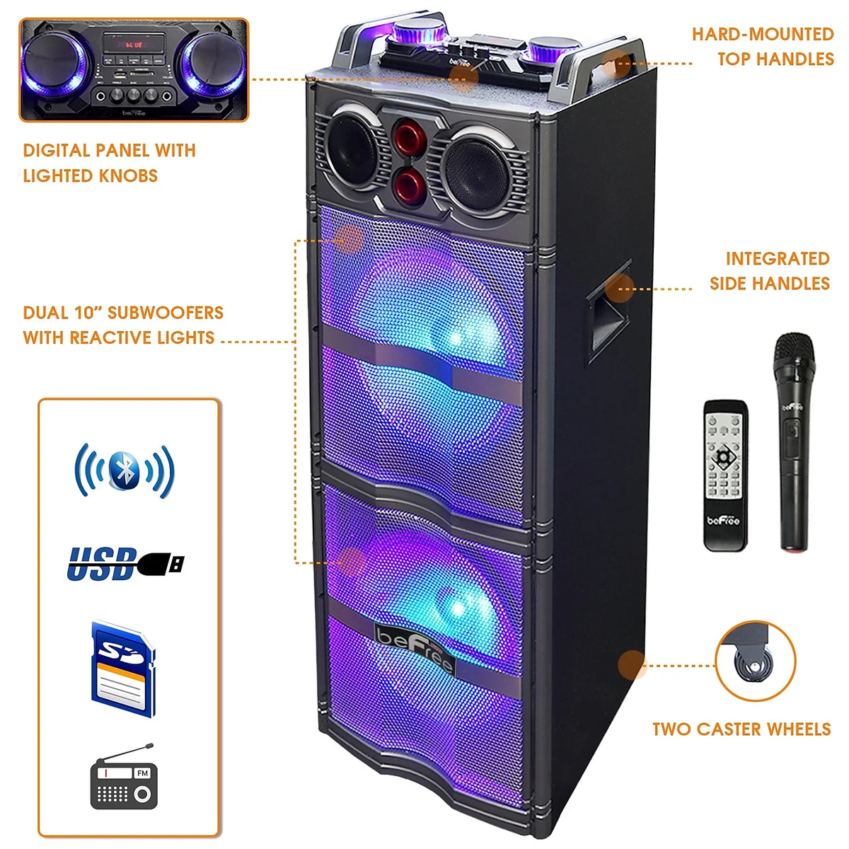 Double 10" Bluetooth Portable Party Speaker with Reactive Lights D9234