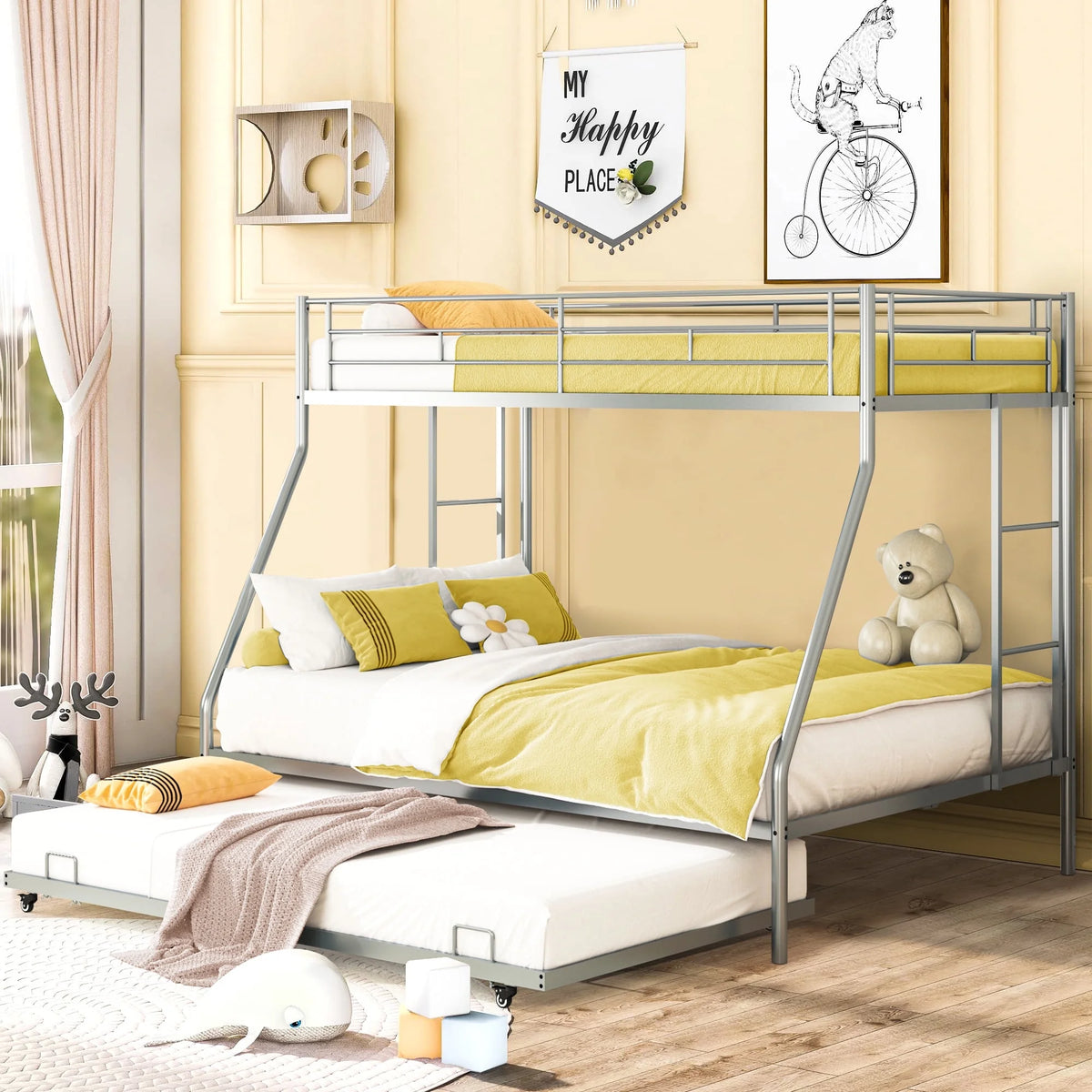 Black Twin Over Full Metal Bunk Beds with Trundle E3455