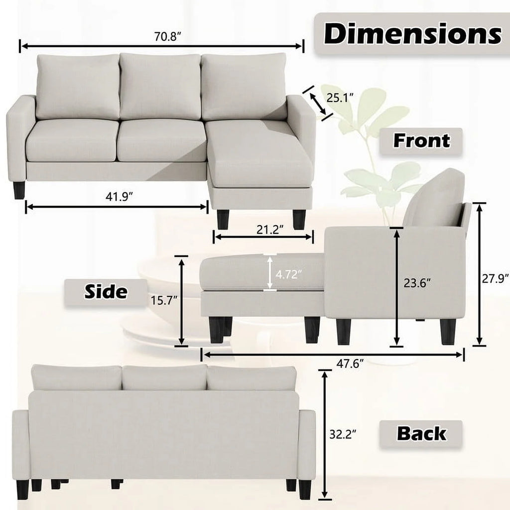 Convertible Sectional Sofa, L-Shaped 3-Seat Sofa with Reversible Chaise, Dark Gray V818583