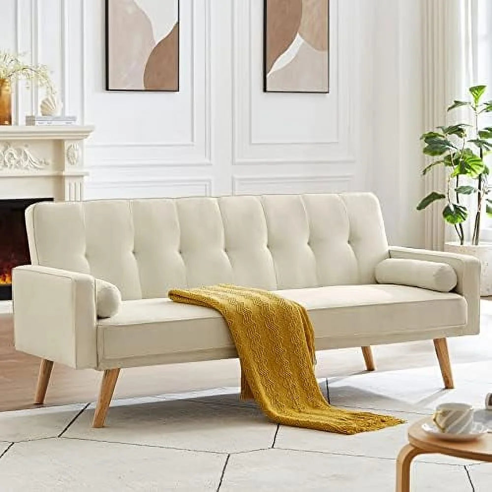 Modern Fabric Sofa Bed Futon Convertible Sleeper Loveseat with 2 Pillows and Armrests 75" Folding Recliner Couch Bed with Solid Wood Legs T84613