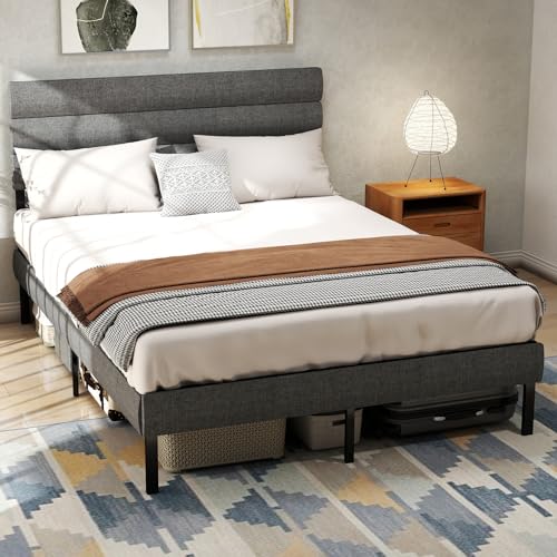 Grey Linen Upholstered Full Size Metal Platform Bed Frame V23470