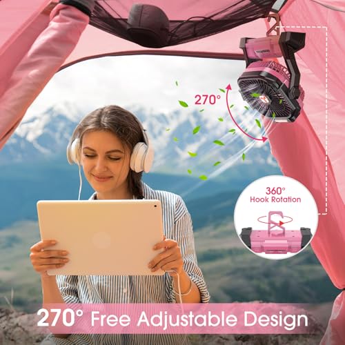 Portable Rechargeable Fan 20000mAh with LED Lantern Pink W190