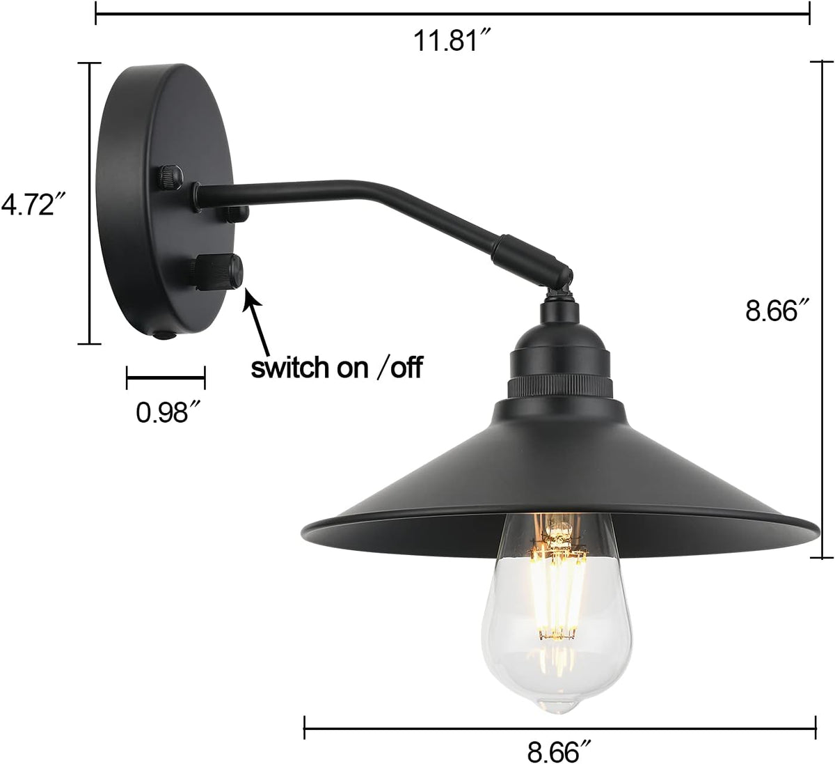 Matt Black Metal Wall Sconce with on/Off Switch B590