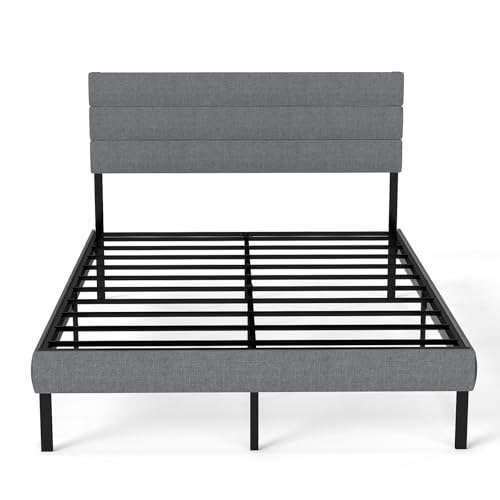 Grey Linen Upholstered Full Size Metal Platform Bed Frame V23470