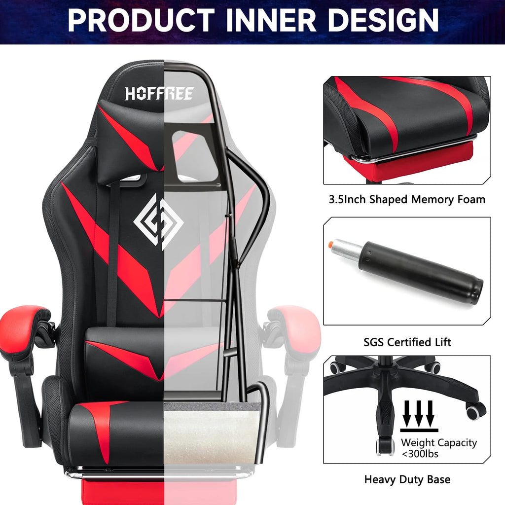 Gaming Chair with Speakers PU Leather Footrest LED Lights K38078