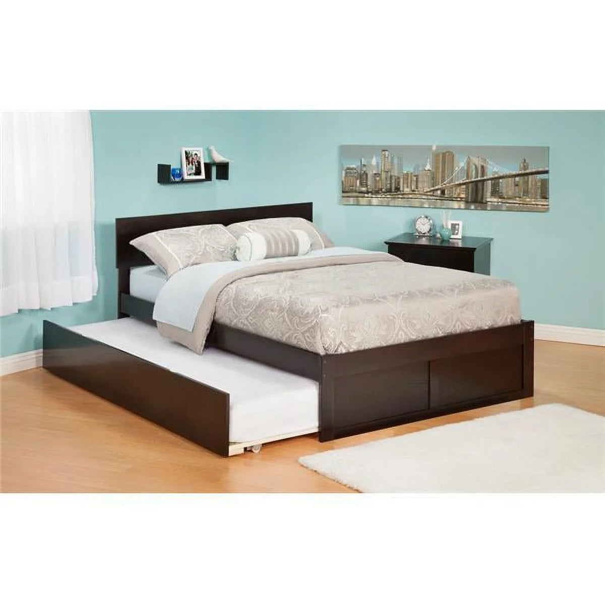 Twin Bed with Flat Panel Foot Board and Trundle Bed Espresso V450