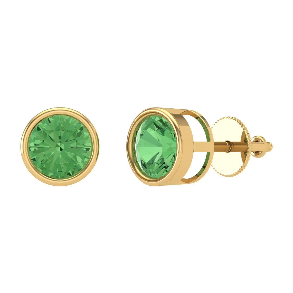Yellow Gold Solitaire Stud Earrings, 2 Ct Round Cut Simulated Green Diamond, 14K, Screw Back Z916907
