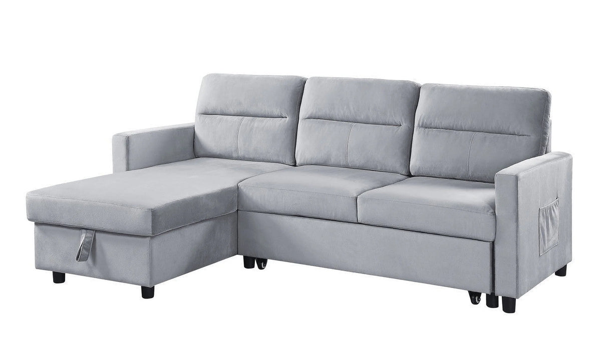 Light Gray Velvet Reversible Sleeper Sectional Sofa with Storage Chaise L624